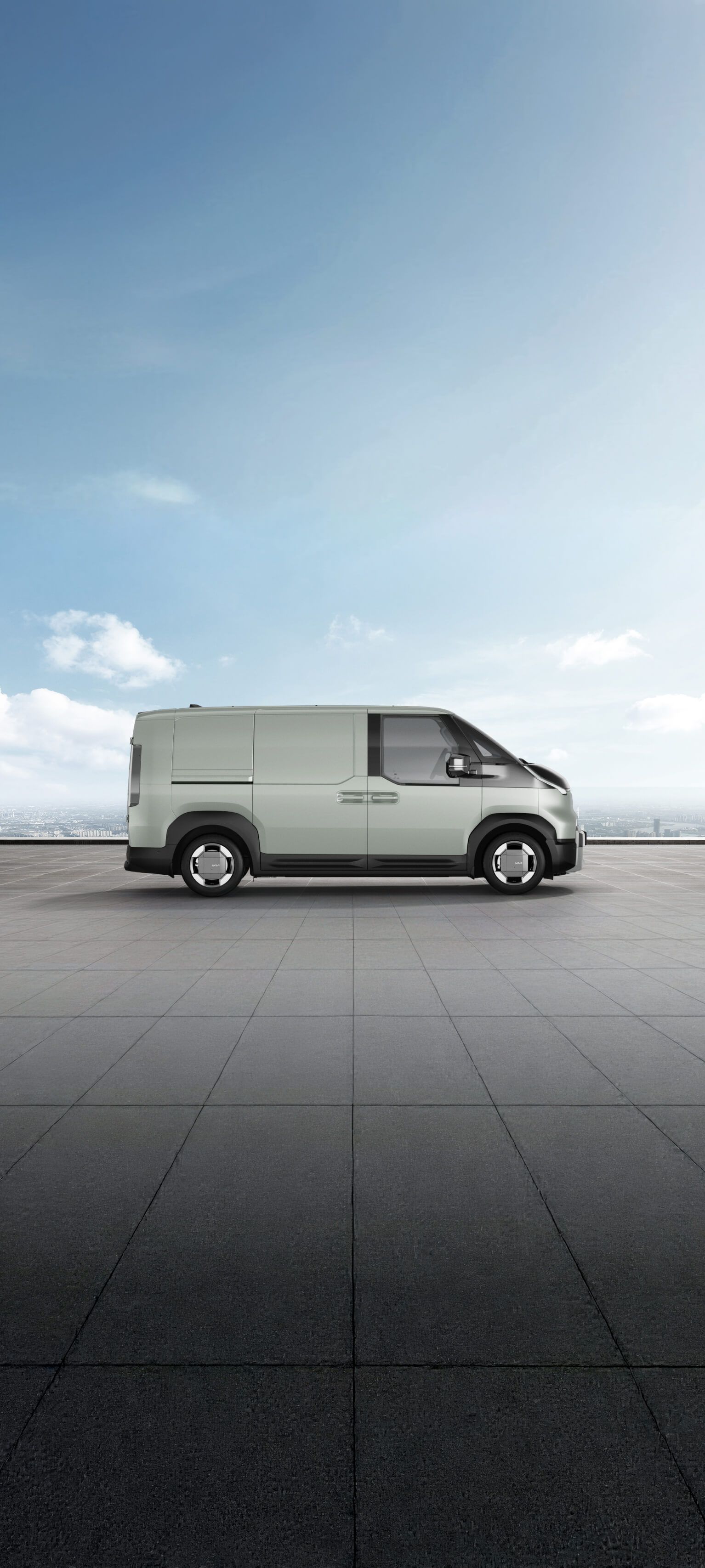 Zijaanzicht van de Kia PV5 Cargo in Soft Mint, weergegeven in de exterieurkleur-visualizer.